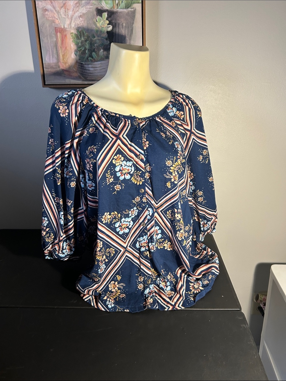 LC Lauren Conrad Navy Floral Geometric Peasant Blouse